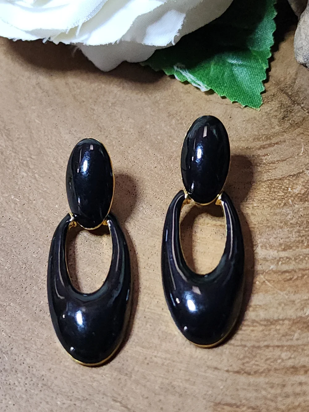 Signed Monet Black and Gold Oval Drop Pierced Earrings